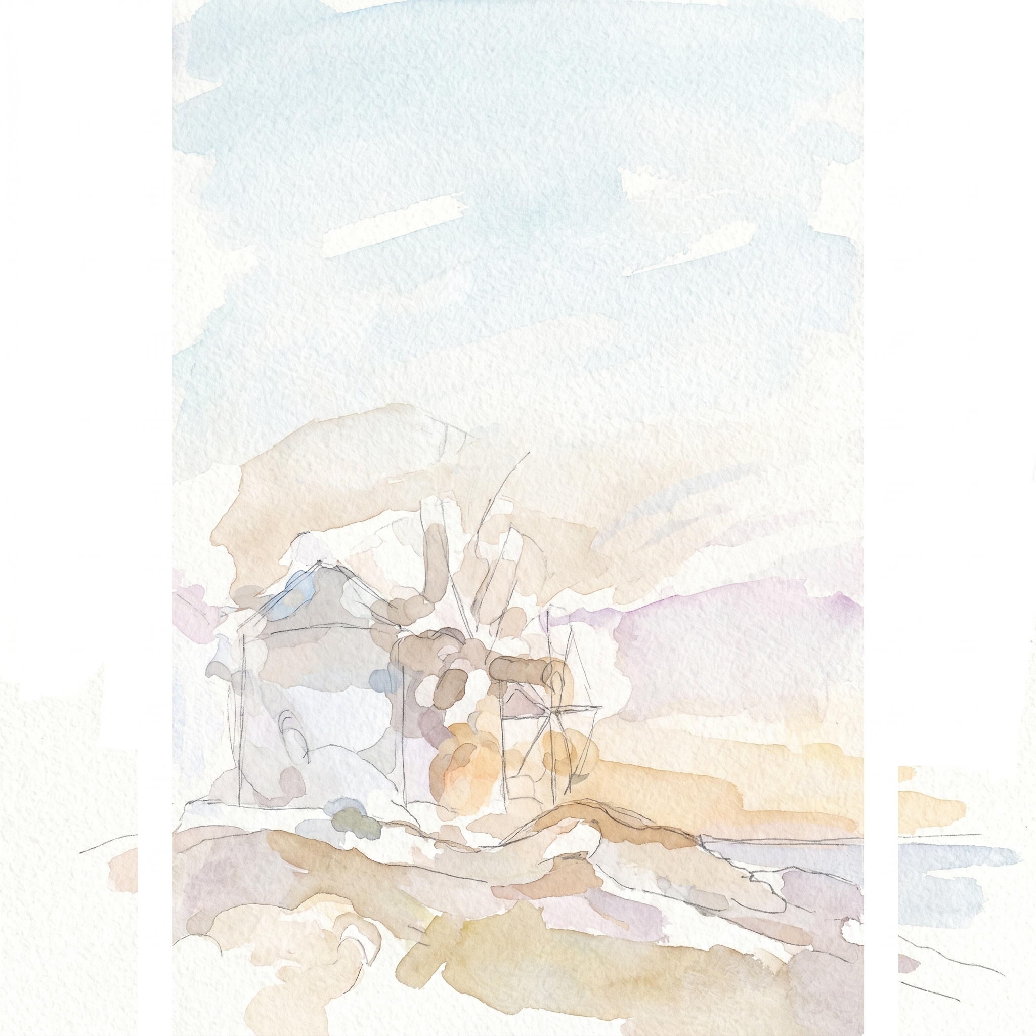 Stage 1 — a light pencil-and-ink sketch of the Mykonos windmills with the first pale washes