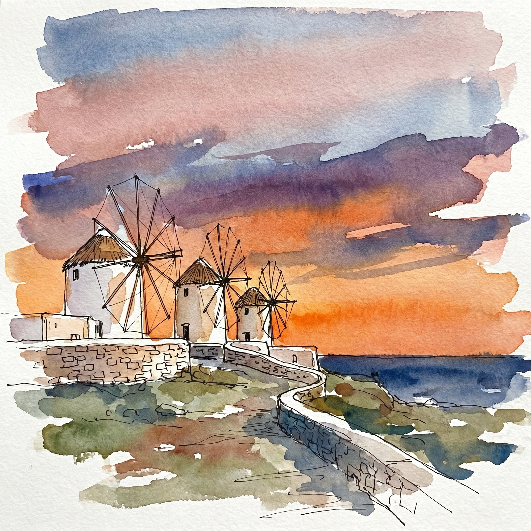 Stage 2 — ink linework with watercolour washes laid in, dramatic sunset sky blocked