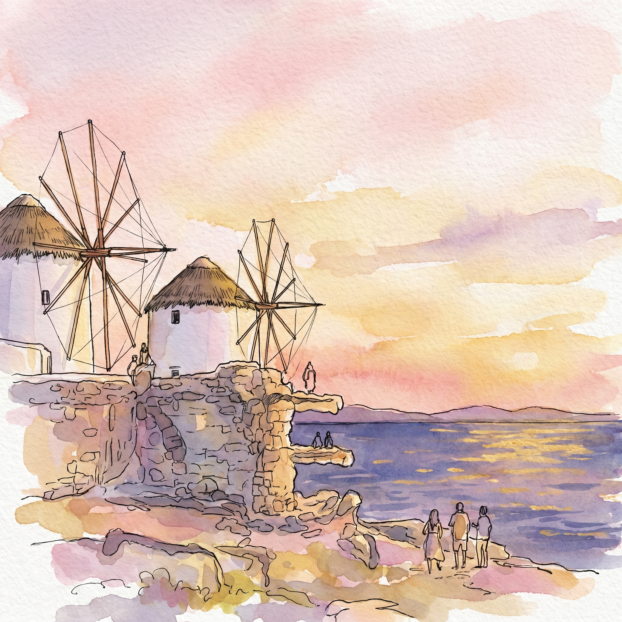 A hand-drawn watercolour-and-ink illustration of the Mykonos windmills at sunset