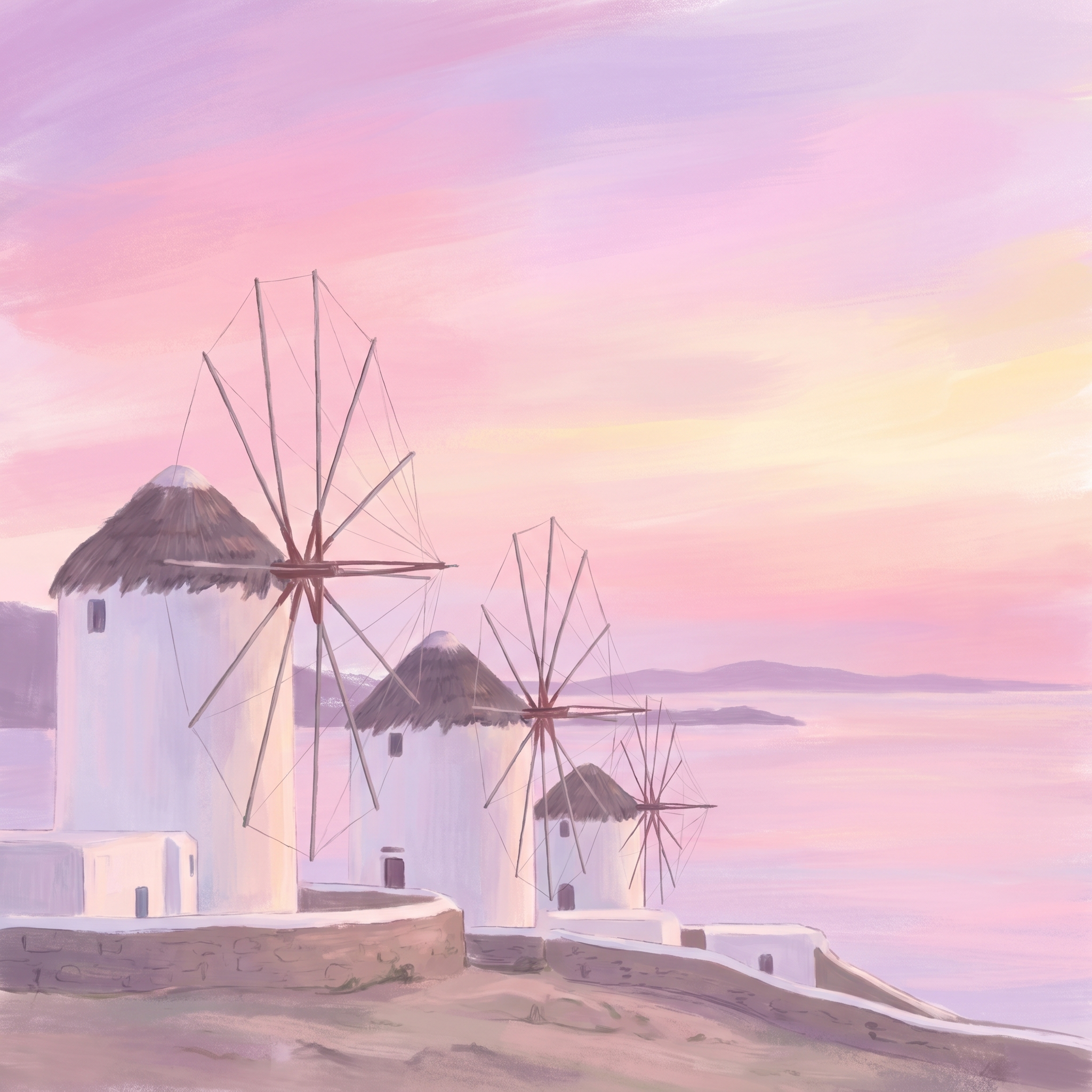 Dreamy pastel digital painting of the Mykonos windmills at sunset with a soft pink sky