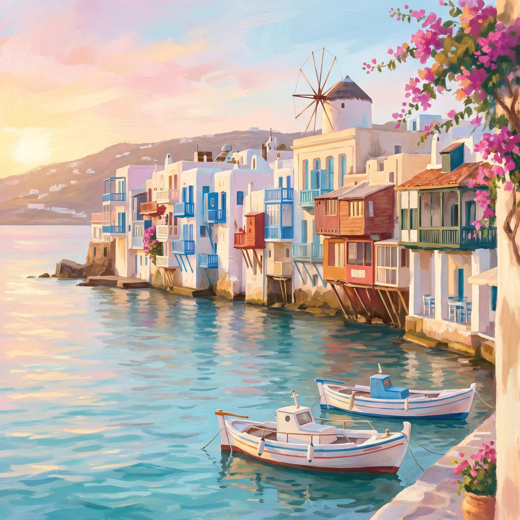 Pastel digital painting of Mykonos Little Venice with colourful houses and boats over the sea