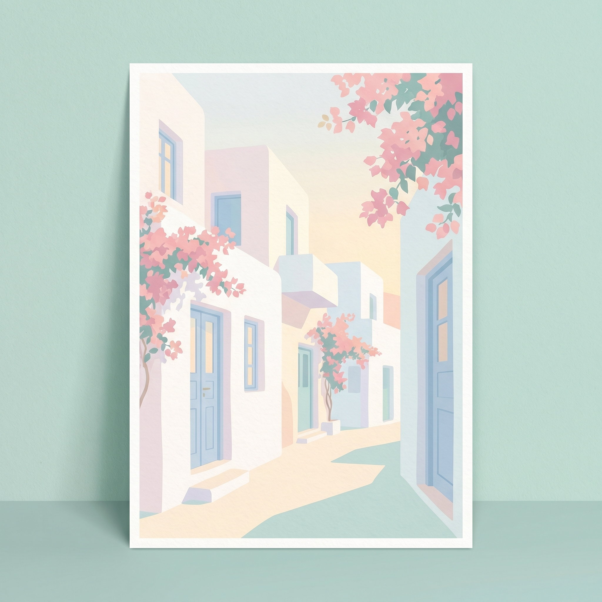 Minimalist pastel Mykonos alley with whitewashed walls, blue doors and pink bougainvillea