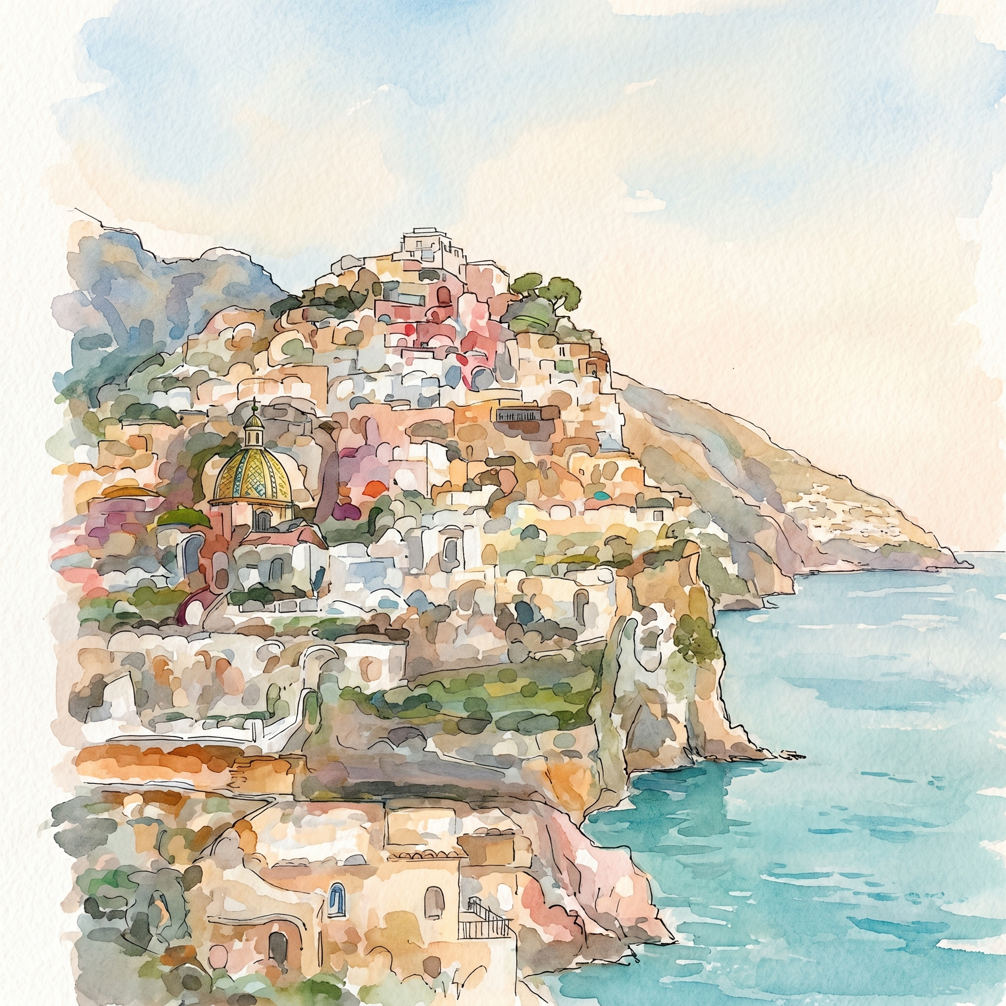 A hand-drawn watercolour-and-ink illustration of Positano cascading down the cliff to the sea