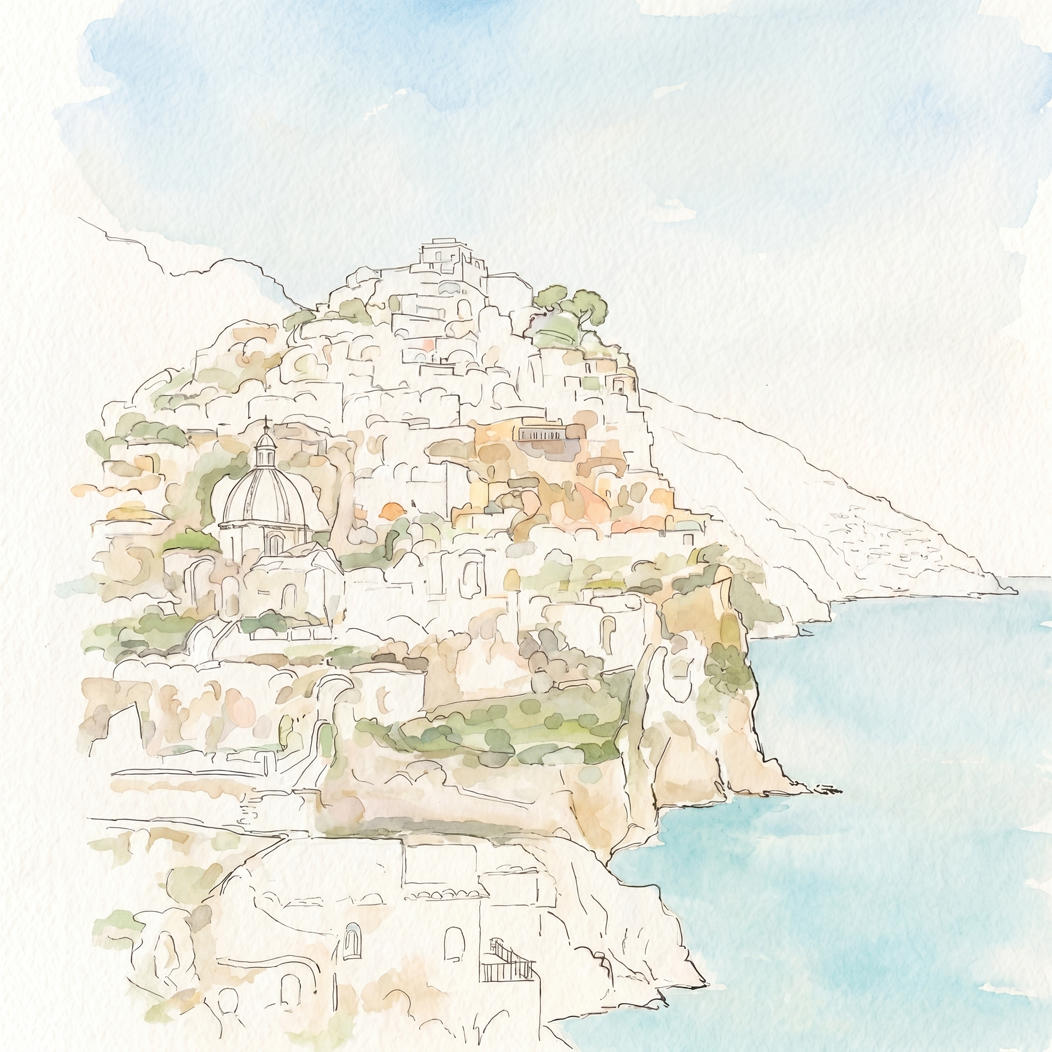 Stage 1 — a light pencil-and-ink sketch of Positano's cliffside houses with the first pale washes