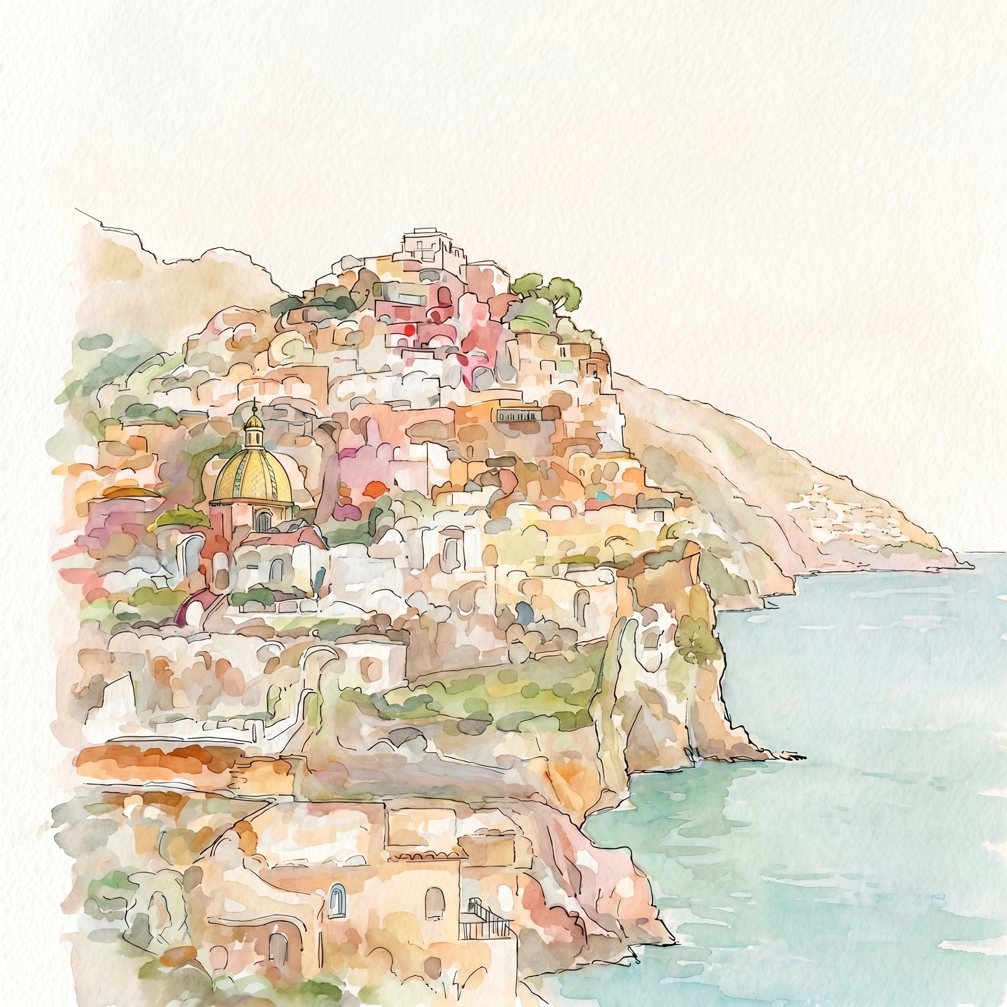 Stage 2 — ink linework with watercolour washes laid in, houses and blue sea coloured