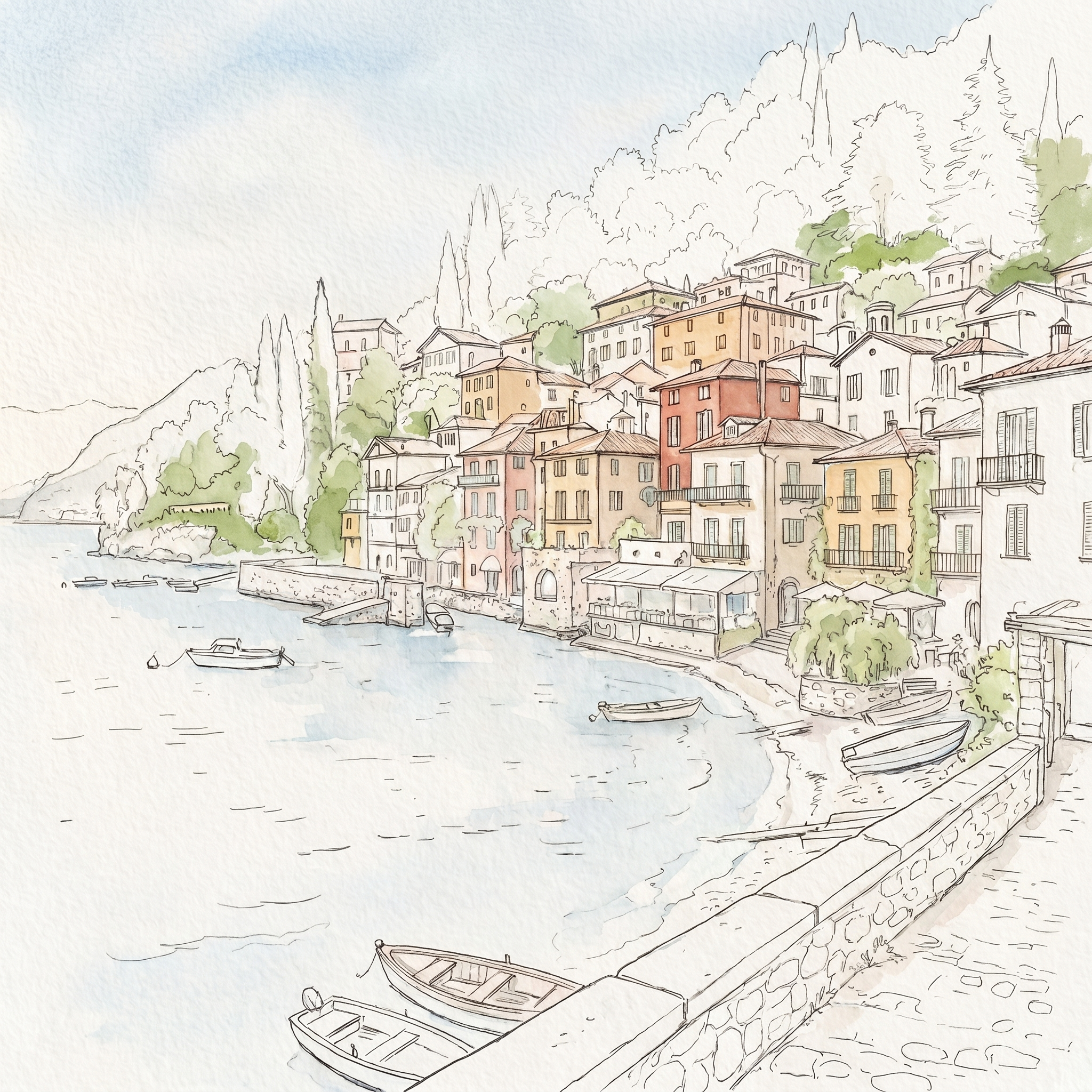 Stage 1 — a line drawing of Varenna's houses and waterfront with the first pale washes