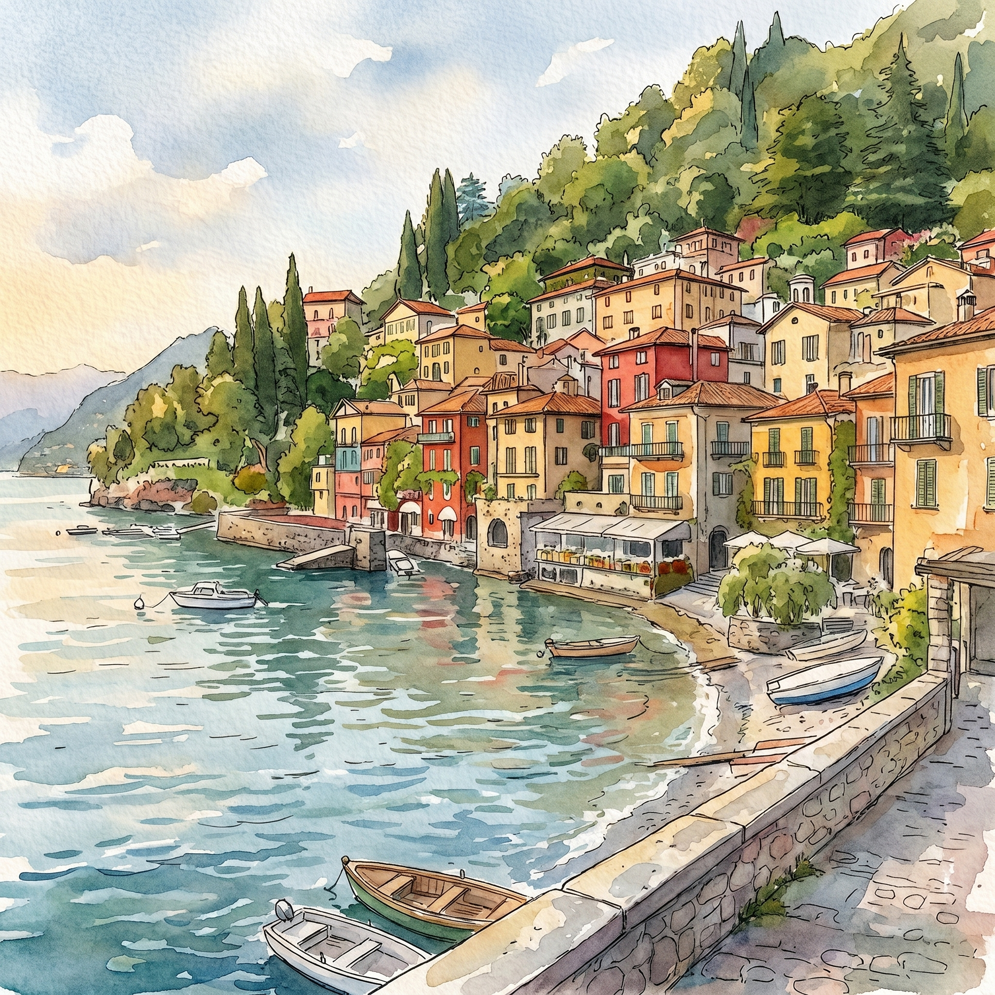 A hand-drawn watercolour-and-ink illustration of Varenna's colourful houses on Lake Como