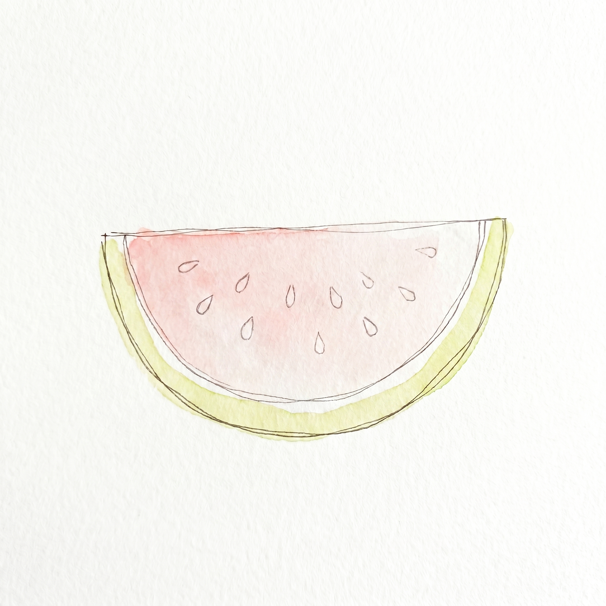 Stage 1 — a line drawing of the watermelon slice with seed outlines and the first pale washes